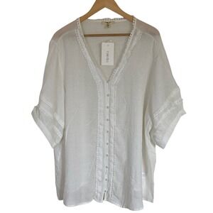 Como Blu Womens White Button Front Blouse Size 3X Short Sleeve‎ V Neck Classic
